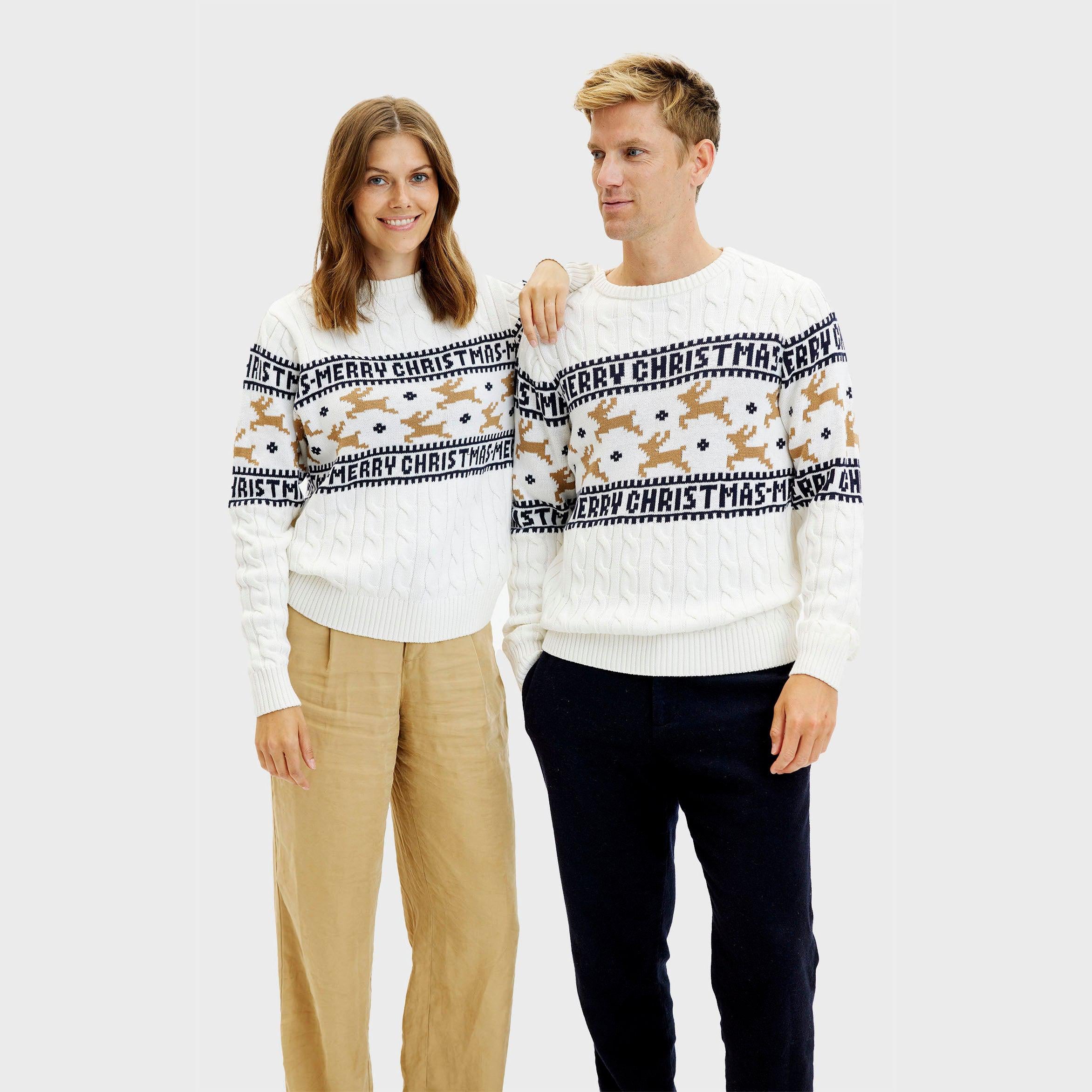 Weihnachtspullover Damen und Herren in Weiß mit Rentier- und Schriftmuster, nachhaltiger Organic Cotton.